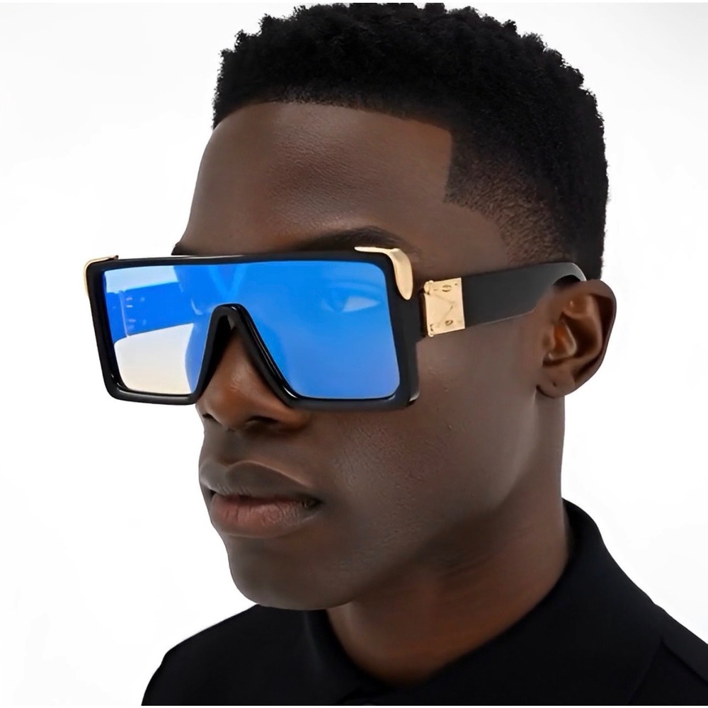 Mens Sunglasses Hip Hop Reflective Gold Blue Mirrored Flat Top Square Shades New